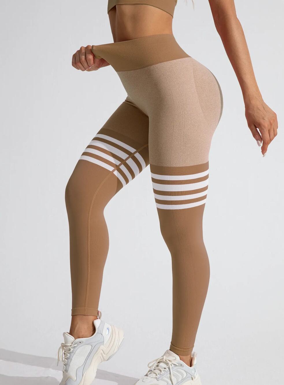 Scrunched High Waisted Yoga Lift Leggings Brown L Seamless Tummy Control Stripe